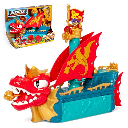 PIRATIX Dragon Ship – Barco Dragón de Piratix Todo Terreno 3 en 1: Tierra, Mar y Aire. Contiene 1 Barco Dragón, 1 Piratix Exclusivo, 1 Tesoro Exclusivo, 1 Bandera y 1 proyectil