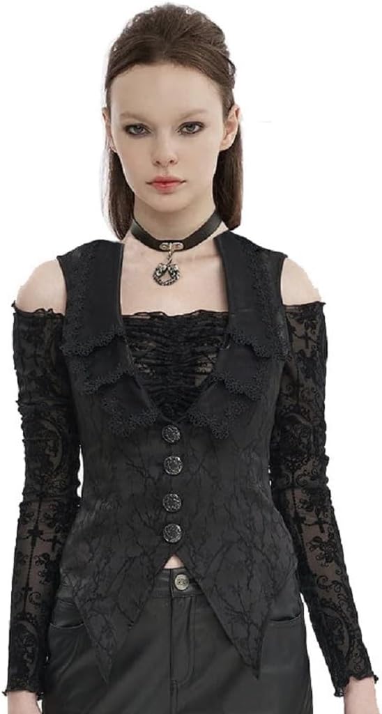 Darkrock Women’s Goth Victorian Black Brocade Gothic Floral Embroidered Swallow-tailCoat Vest/Tail Coat Vest/USA