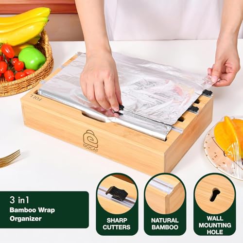 Image of DOCAT Foil Paper Cutter and Holder, 3 in 1 Aluminum Foil and Plastic Wrap Organizer for Drawer and Wall, Compatible with Cling Film, Tin Foil and Wax Paper (Bamboo)