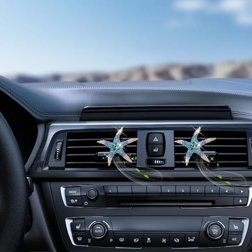 Image of ORIESSE Beach Car Decor,Cute Coastal Car Vent Clips,Starfish Car Air Freshener,2pcs Ocean Themed Dashboard Accessories for Women Teens,Refillable Blue Rhinestone Diffuser