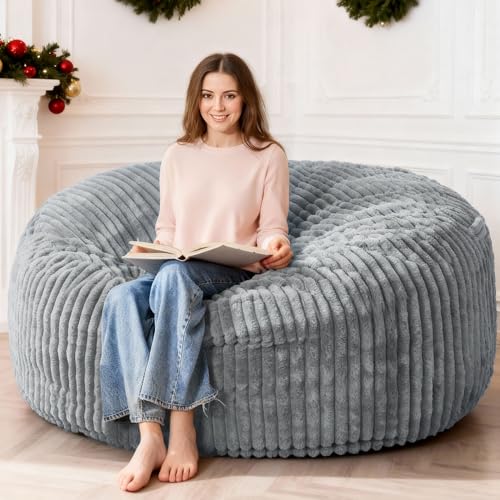 HABUTWAY 6FT Bean Bag Chair 6 Large Bean Bag Chairs for Adults with Removable Stripe Plush Cover Memory Foam Beanbag Chair for Living Room Bedroom DormGrey