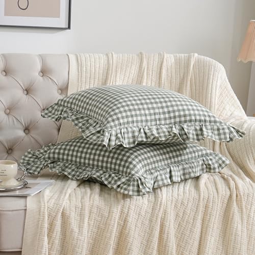 2 Pack Sage Green/White Plaid Ruffle Throw Pillow Covers Farmhouse Checkered Chic Washed Cotton Pillowcases Gingham Pillow Shams for Bed, Sofa, Living Room-20"x20" Sage Green