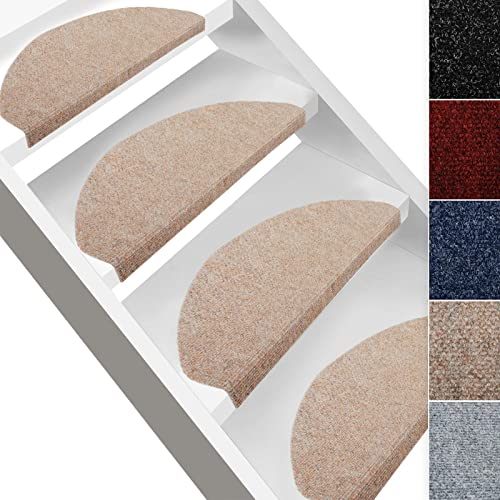 etm - Marchettes d'escalier Autocollantes - Tapis d'escalier antidérapant - Tapis de marches en Fibres synthétiques Anti-allergiques - Lot de 15 nezs de Marche Demi-Lune - Leipzig, 23x65 cm, Beige