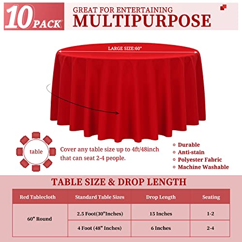 10 Pack Polyester Round Tablecloth 60 Inch Red Table Cloths Water Resistant Polyester Cloth Round Tablecloths Washable Tablecloth For Party,Wedding Reception,Restaurant Banquet,Bbq,Dinner,Gift Table #TOP1