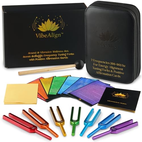 VibeAlign Tuning Forks Set- Sound Healing Vibration & Frequency Wellness with Positive Affirmation Cards. 7 Piece Solfeggio Frequency Color Coded Instruments with Protective Case Mallet Cloth & Guide