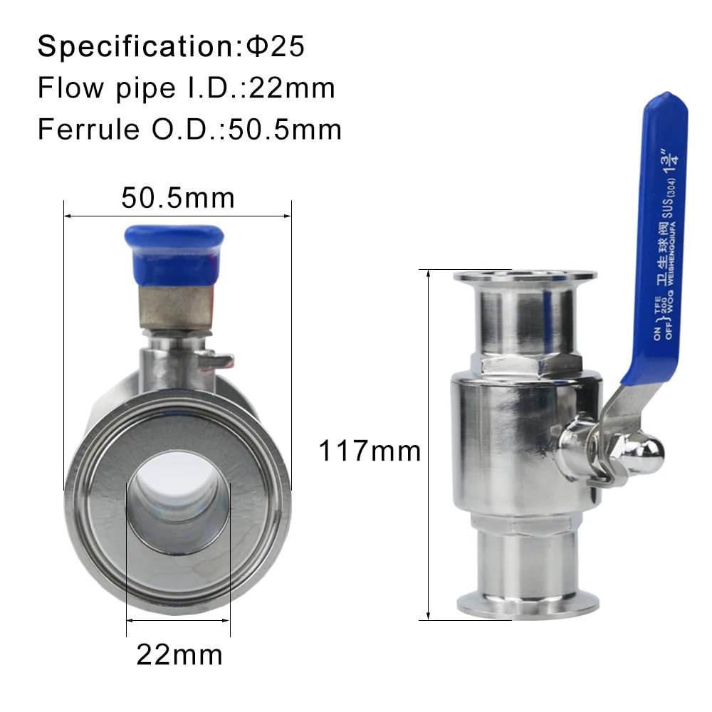 Llave de paso agua Válvula De Bola Sanitaria Acero Inoxidable 304 19 Mm, 3/4", 1", 1-1/2", 2", Tipo Tri Clamp, Casquillo 50,5 Mm/64(25mm x Ferrule 50.5)