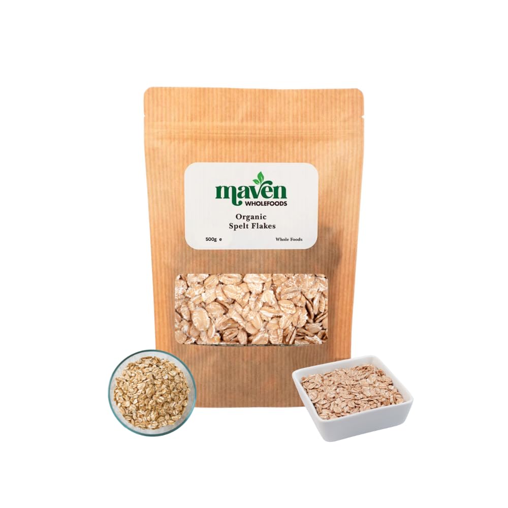 Maven Wholefoods Organic Spelt Flakes 500g | GMO Free | Vegan | Certified Organic | Natural | High Fibre | No Additives | Suitable for Vegetarian | Packed Fresh in Resealable Bag