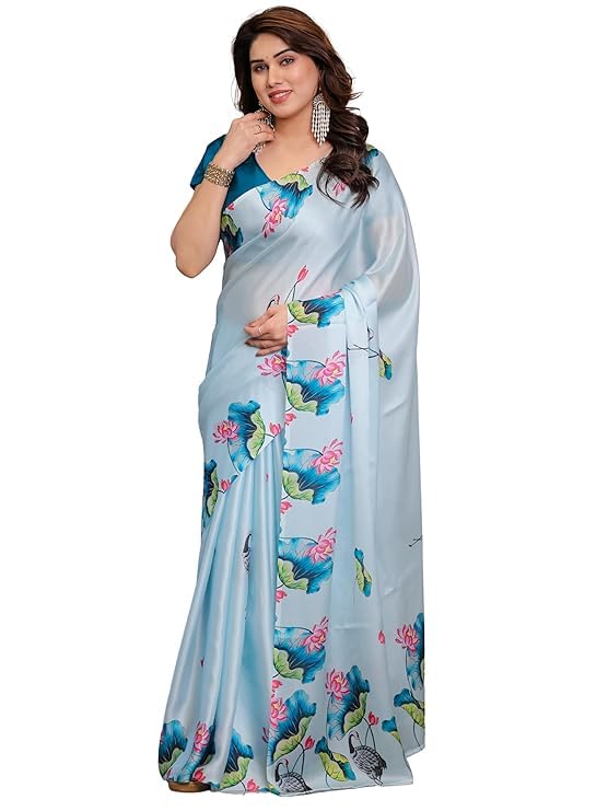 Image of Sky Blue Satin Georgette Saree with Lotus & Crane Print, Attached Blouse, Nature-Inspired Designer Drape