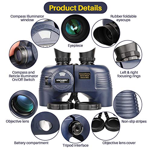 Uscamel 10X50 Marine Binoculars For Adults, Waterproof Binoculars With Rangefinder Compass，Bak4 Prism Fmc Lens Binoculars With Tripod Adapter For Navigation Bird Watching Hunting #TOP1
