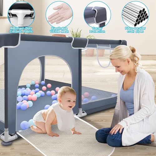 Baby Playpen, Baby Playpen for Toddle, Playpen for Babies with Gate Indoor & Outdoor Kids Activity Center with Anti-Slip Base, Sturdy Safety Playpen with Soft Breathable Mesh, Play Yard (Grey)