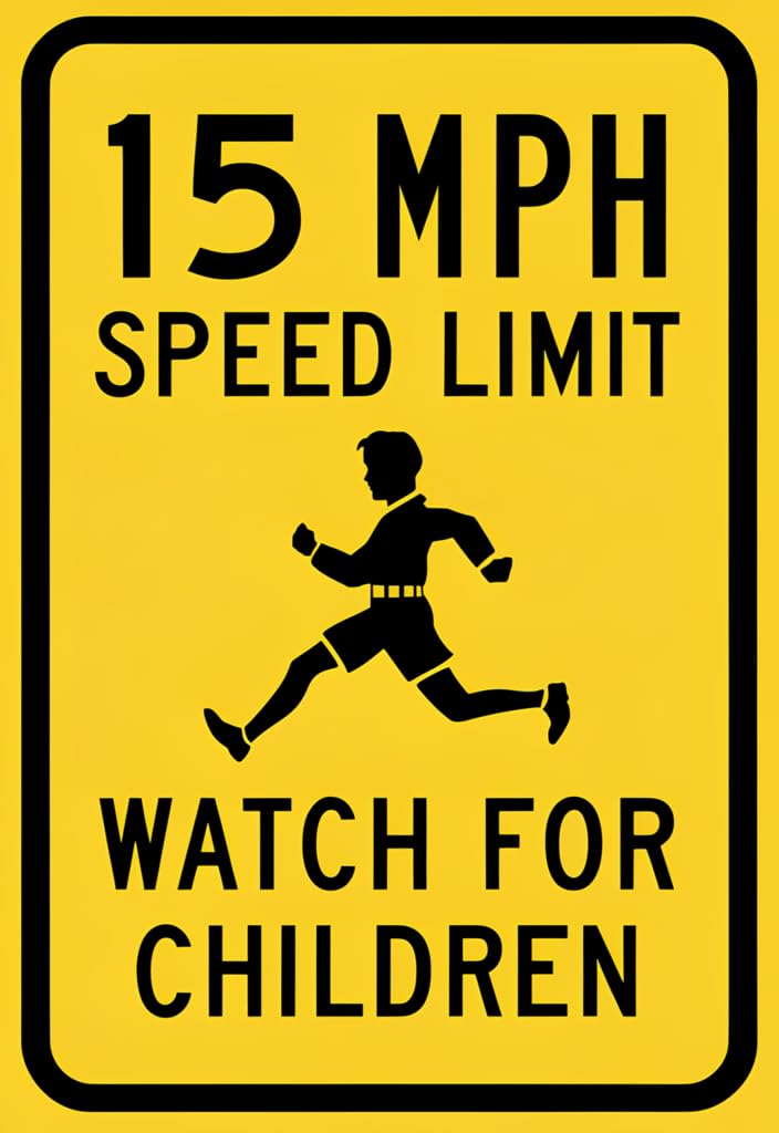 peiyeety 15 MPH Speed Limit Watch for Children Tin Sign 12x8 Inch, Yellow Metal Wall Decor with Running Kid Graphic, Vintage Road Sign Style for Garage, Driveway, Home, Yard, Gift Idea