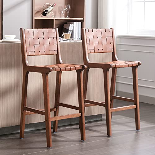 Bonzy Home 28" Counter Height Bar Stools Set Of 2, Faux Leather Woven Strips Kitchen Counter Stools With Back, Wooden Rectangular Bar Chair For Home Kitchen Island/Dining, Brown #TOP6