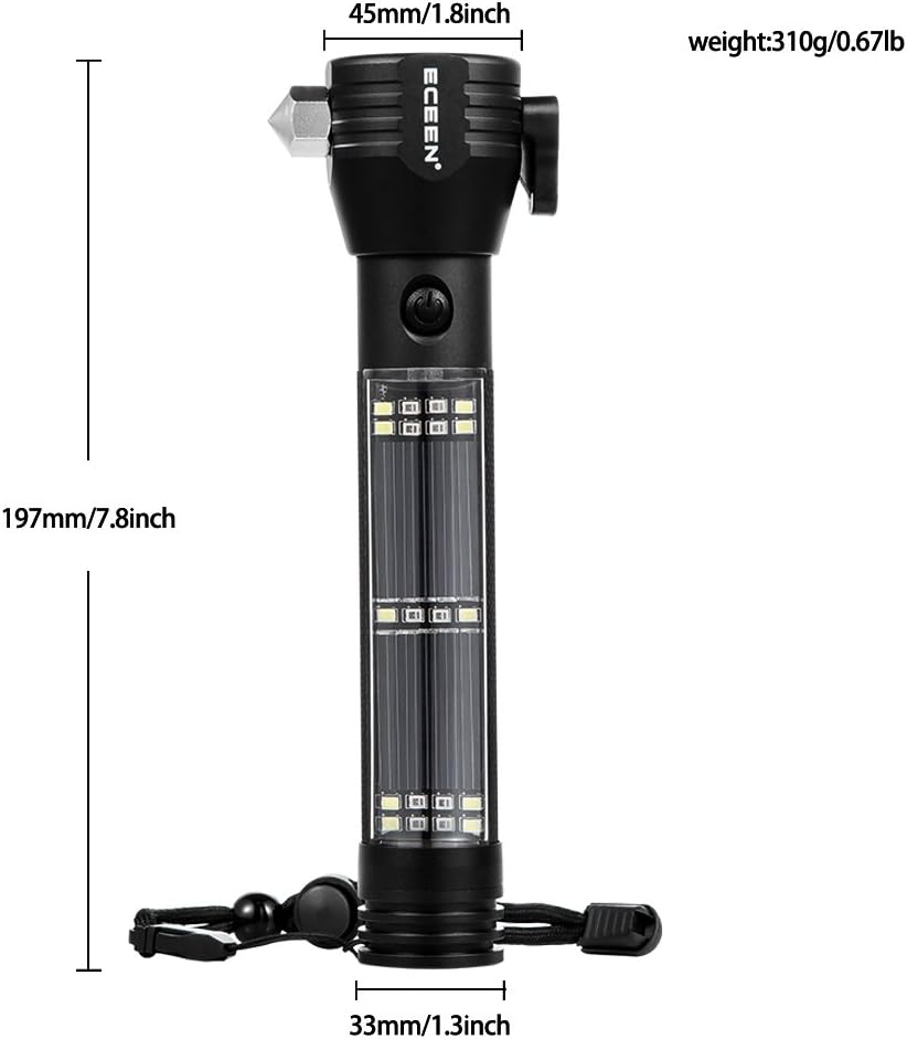 Car Flashlight - ECEEN Solar Flashlights USB Torch Multi-functional LED Light with Car Emergency Tool, Attack Hammer, Cutting Knife, Compass Etc. for Camping, Travel, Hiking Safety