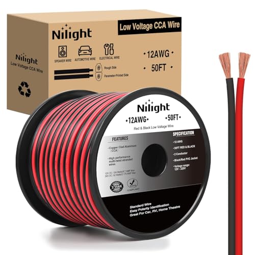 Image of Nilight 50FT 12AWG Copper Clad Aluminum Wire 12/2 Gauge Red Black CCA Electrical Cable 2 Conductor Parallel 12V/24V DC Flexible Extension Cords for Car Audio Radio Speaker Amplifier