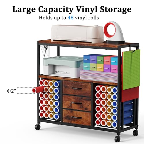 Image of 48 Vinyl Roll Holders for Cricut Cart, 32 inchW Large Craft Cart with 3 Fabric Drawer, Craft Organization and Storage Compatible with Cricut Maker Machine, Crafting Table Workstation, Vintage