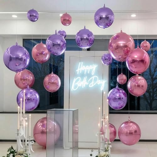 Image of 8 Pcs Pink Purple Round Foil Balloons Metallic Purple Lavender Baby Light Pink 4D Ball Balloons 22 In Ornament Mylar Balloon for Girl Birthday Graduation Wedding Anniversary Disco Party Decor