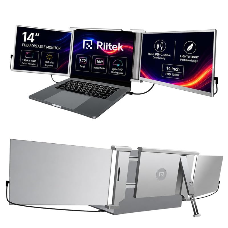 RIITEK 14" Portable Tri Screen Monitor, Dual 1080P Display Extender for 14–17" Laptops, USB-C & Mini HDMI, HDR, Kickstand, Compatible with Windows, Mac (Except M1/M2) & Switch, 1 Year Warranty
