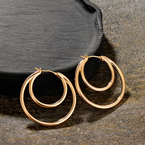 Myears Women Double Hoop Earrings Gold Inside-Out 14K Gold Filled Small Simple Handmade Hypoallergenic Everyday Illusion Jewelry #TOP3