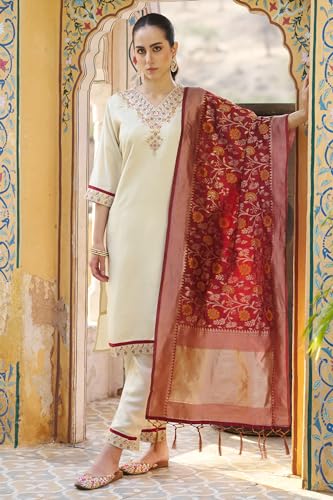 Image of VredeVogel Women's Embroidered Chanderi Silk Jacquard Straight Kurta Pant Set with Dupatta | Perfect for Festive & Casual Ethnic Wear Kurta Set