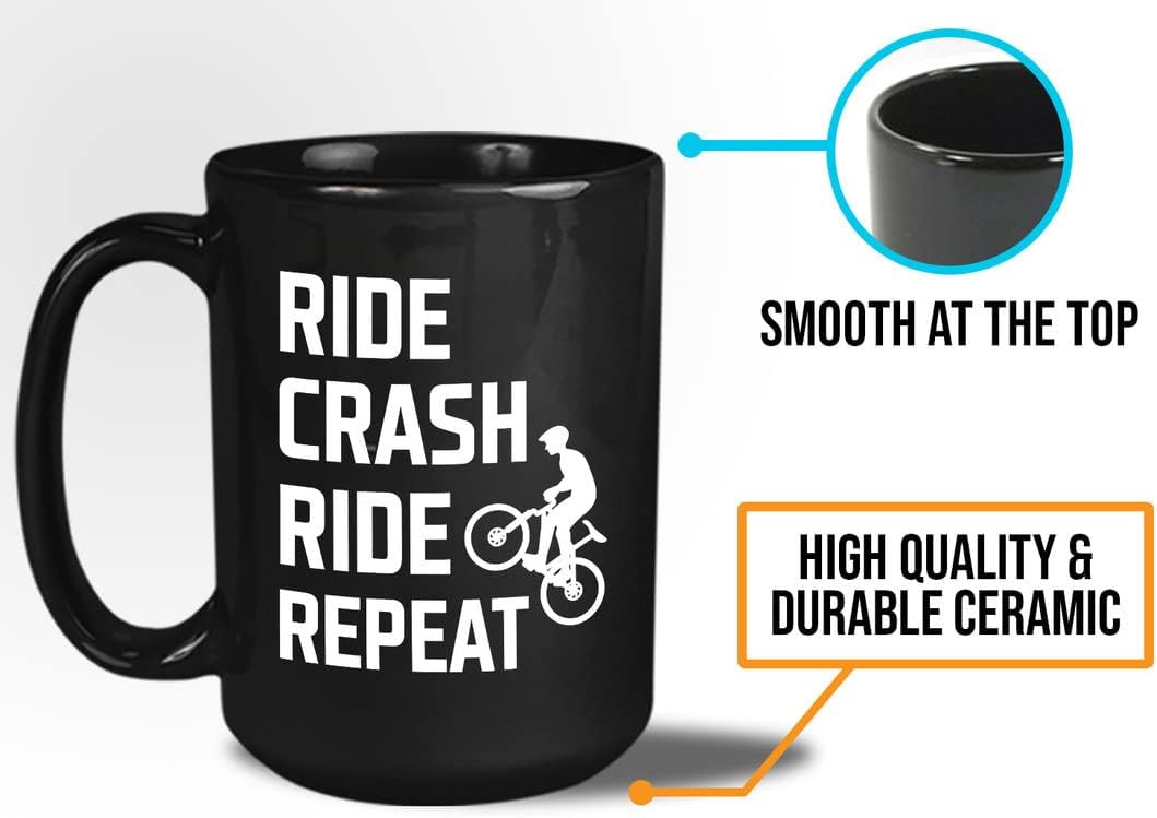 Mountain Bike Coffee Mug 15oz Black - Ride Crash Ride Repeat - Dirt Bike Bicycle Road Bike Cycling Mountain Novelty Bikers Bike Lovers