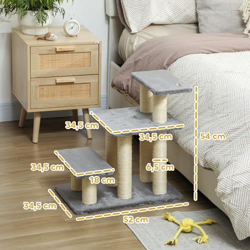 PawHut Hundetreppe 3 Stufen 54 cm Hoch Haustiertreppe für Kleine Hunde Katzentreppe Hunderampe mit Sisal Kratzbäumen, Spielball, Einstiegshilfe für Bett, Sofa, Couch und Auto Grau