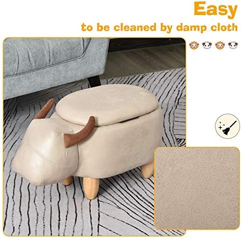 HOMCOM Animal footstool Buffalo Storage Stool Cute Kids Decoration Wood Frame Legs w/Padding Lid Ottoman Furniture Ivory