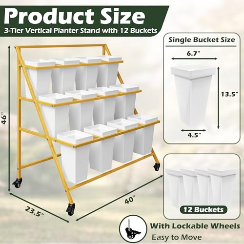 PROLEE Flower Display Stand with 12 Buckets, Flower Cart 3 Layers, Flower Stand Metal with Wheels, Moving Florist Bouquet Shelf, Triangular Rack, Gold by PROLEE - Image 3