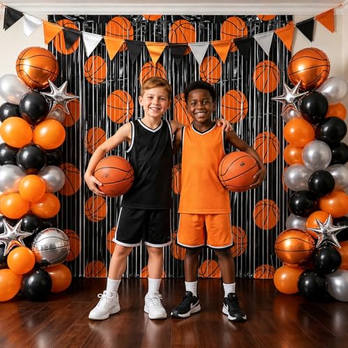 Image of 2 Packs Basketball Foil Fringe Curtain, Black Orange Basketball Pattern Metallic Tinsel Backdrop for Birthday, Baby Shower, Game Day, Team Celebrations, Sports Party Decorations Favor Supplies