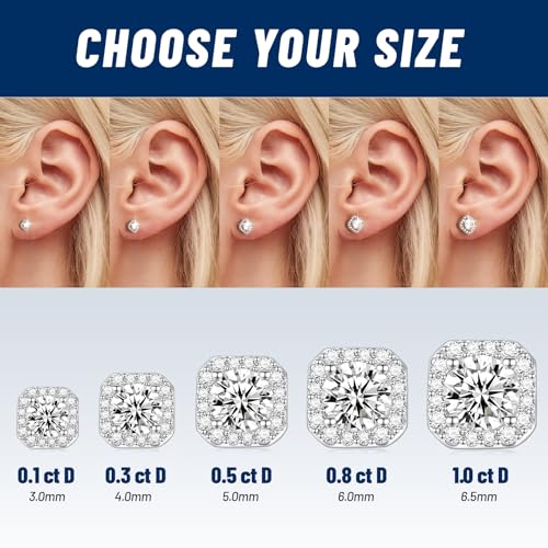 RINEY&KY Moissanite Earrings - Lab Diamond Earrings Studs Women Men, Moissanite Stud Earrings, Moissanite Earring Push Back,18k White Gold Plated, Sterling Silver Halo Round Brilliant, 3-6.5MM,0.2-2.0Carats2