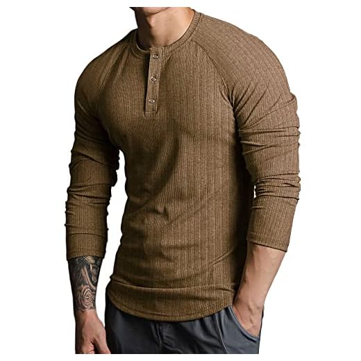 Lehmanlin Camisetas masculinas Muscle Henley Slim Fit Algodão Manga Longa/Curta Camiseta Leve Moderna, Bronze_long, GG