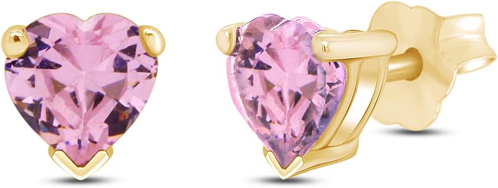6 MM Heart Shape Simulated Birthstone Stud Earrings In 14K Yellow Gold Over Sterling Silver