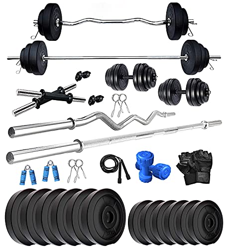 Image of Bodyfit Home Gym System Exercise Set, Fitness Training, Weight Plates(20-100Kg),5Ft Straight,3Ft Bend Rod n 1 Pair of Dumbbell Rods, Gym Accessories (56 Kg Set)
