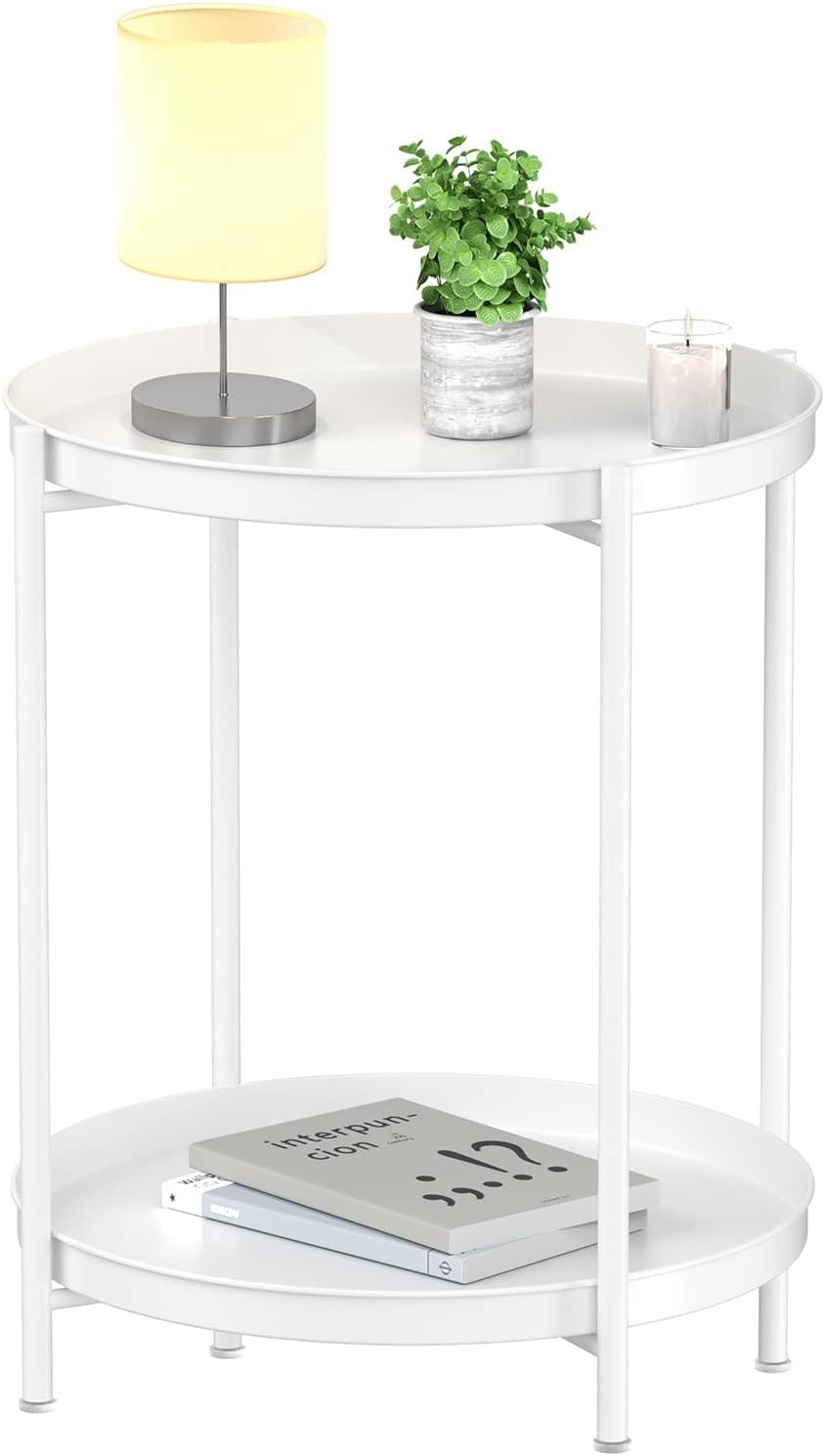 EKNITEY 2 Tier End Table - Metal Side Table Waterproof Small Sofa Coffee Side Tables Bedroom Indoor Outdoor with Removable Tray for Living Room Bedroom Balcony and Office (White) White 2 tier