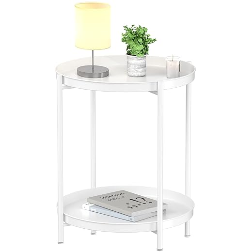 EKNITEY 2 Tier End Table - Metal Side Table Waterproof Small Sofa Coffee Side Tables Bedroom Indoor Outdoor with Removable Tray for Living Room Bedroom Balcony and Office (White)