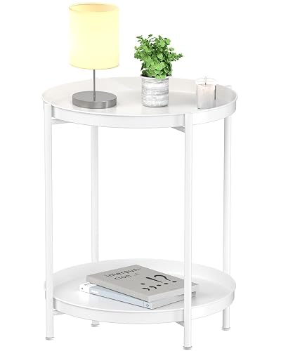 EKNITEY 2 Tier End Table - Metal Side Table Waterproof Small Sofa Coffee Side Tables Bedroom Indoor Outdoor with Removable Tray for Living Room Bedroom Balcony and Office (White)