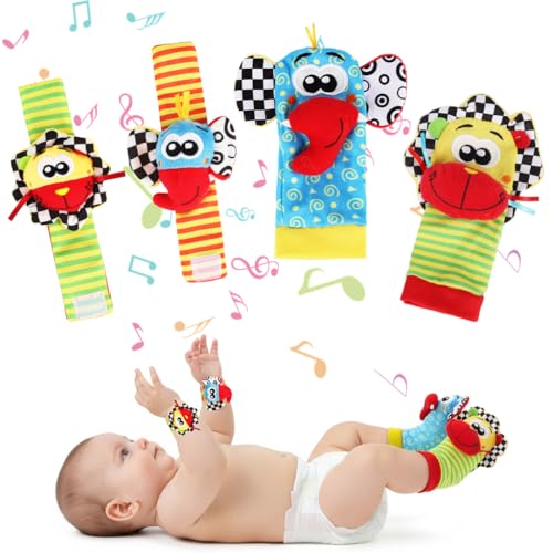 Image of SNOWIE SOFT Rattle Set for Babies 0-6 Months, Baby Socks and Wristband Rattle Toy Set, Cartoon Fun Cotton Sock with Cartoon Plush Rattles Toy for Newborn Baby Gift