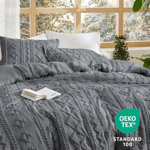 Bedsure Tufted Boho Comforter Set King Size - Grey Boho Bed Set, GentleSoft™ 3 Pieces Farmhouse Shabby Chic Embroidery Bedding, Gifts for Woman, Soft Jacquard King Comforter for All Seasons