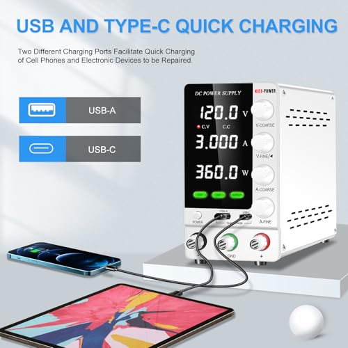 Image of NICE-POWER DC Power Supply Variable 120V 3A, Adjustable Regulated DC Bench Power Supply with OCP /OVP /Encoder /Output Switch, Benchtop Lab Power Supplies PSU with USB-A and Type-C Fast Charge (White)