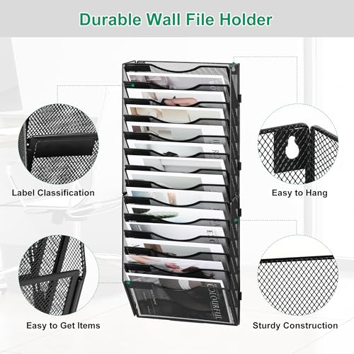 TQVAI Dokumenten Organizer 14 Fächer Metall Zeitschriftenhalter Wand A4 Papier Flyerhalter Postsortierer Dokumentenablage für Büro Zuhause Schule, Schwarz
