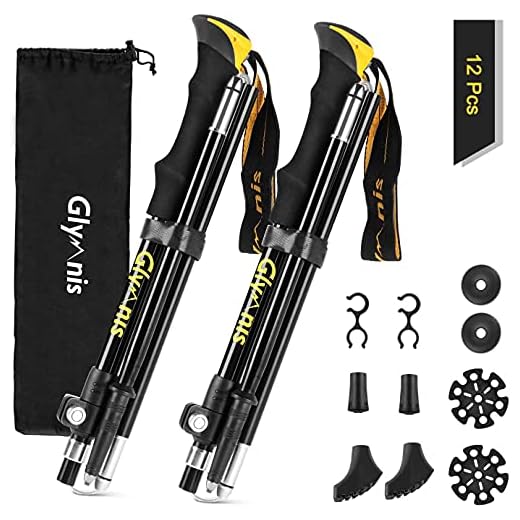Glymnis Bâtons de Randonnée Bâtons de Marche en Aluminium 7075 Réglable de 36 à 130 cm et Fermeture par 4 Paires de Tampons en Caoutchouc pour Le Conditionnement du Trekking (Jaune)