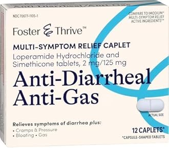 Foster & Thrive Loperamide Hydrochloride and Simethicone Anti-Diarrheal Anti-Gas Multi-Symptom Relief, 48 Caplets, Treatment of Diarrhea, Gas, Bloating, Cramps & Pressure, 12 Caplets (Pack of 4)