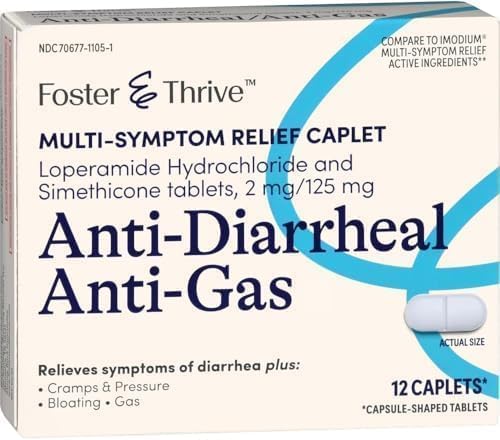 Foster & Thrive Loperamide Hydrochloride and Simethicone Anti-Diarrheal Anti-Gas Multi-Symptom Relief, 48 Caplets, Treatment of Diarrhea, Gas, Bloating, Cramps & Pressure, 12 Caplets (Pack of 4)