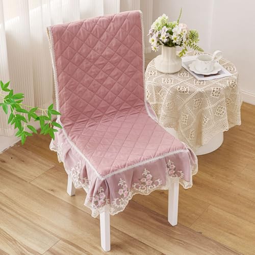 Image of HOMETHREADS Vintage Dining Chair Protector Cover, Quilted Cotton with Lace Frills, Easy Slip-On Design, Protects Seat & Backrest While Keeping Chair Visible, Washable & Reusable, Pink (Pack of 1)