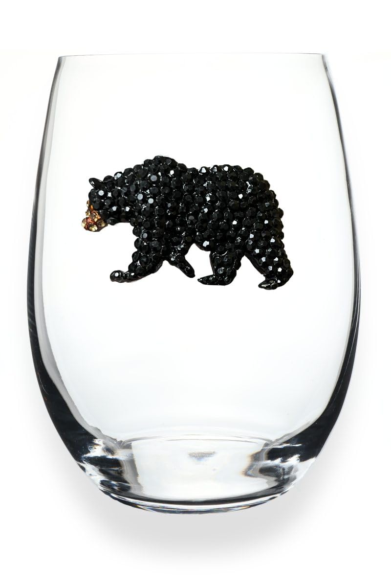 THE QUEENS' JEWELS Black Bear Jeweled Stemless Wine Glass, 21 oz. - Unique Gift for Women, Birthday, Cute, Fun, Not Painted, Decorated, Bling,