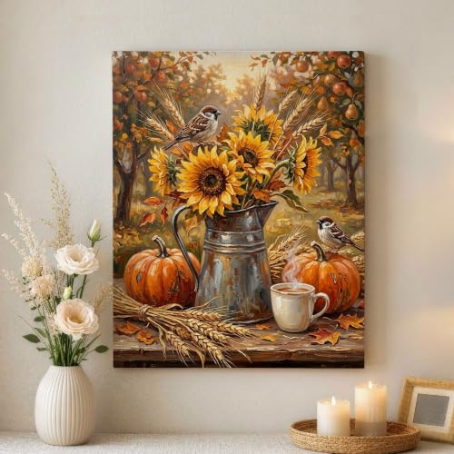 Lienzo de otoño rústico con calabazas para decorar un salón acogedor