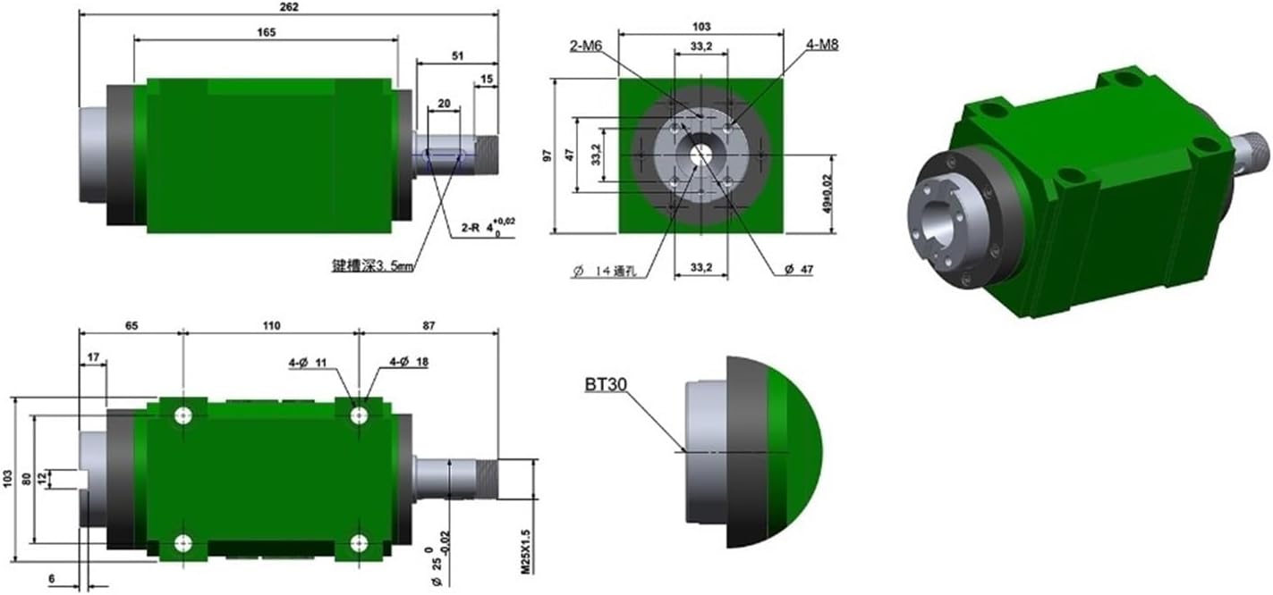 DEBLAN 1.5KW 2Hp BT30 Max 3000~8000rpm Power Head Power Unit 1500W Machine Tool Spindle Head for Boring Milling Cutting Machine(BT30(165)-1)