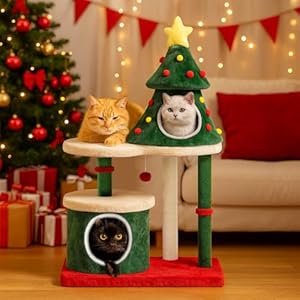 COMHOMA Kratzbaum im Weihnachtsbaum-Design 123cm, Stabiler Katzenbaum Katzenturm mit Kratzsäulen, mehrstöckiges Katzenhaus mit Plattformen & Spielball, Weihnachts Kratzmöbel für Katzen