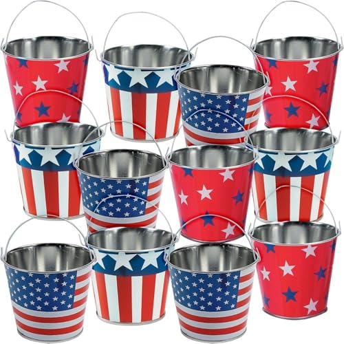 Fun Express Small Baskets for Gifts Mini Buckets 12 Pack - Patriotic Metal Bucket with Handle for Party Favors | Small Metal Tin Pails for 4th of July, Memorial Day & Veterans Day Decorations