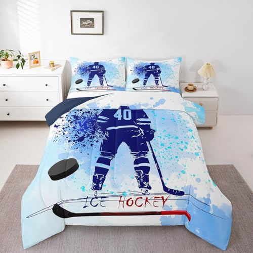 Image of Loussiesd Ice hockey Duvet Set Single Size For Kids Boys Teens Winter Ice Sports Games Down Duvet Hockey Player Down Comforter with 1 Pillowcase,Soft