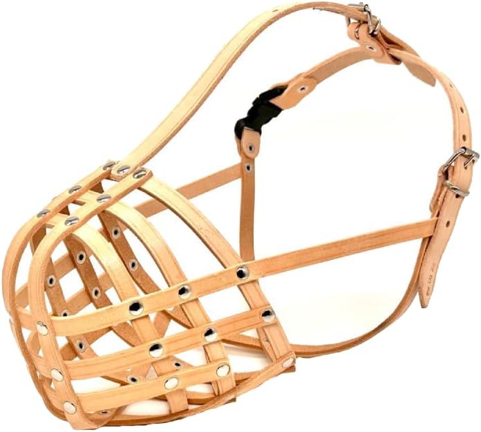 Genuine Leather Lightweight Dog Muzzle for Dogue De Bordeux and Bullmastif, fits Other Similar Sized Dog Breeds (DB3, Natural)